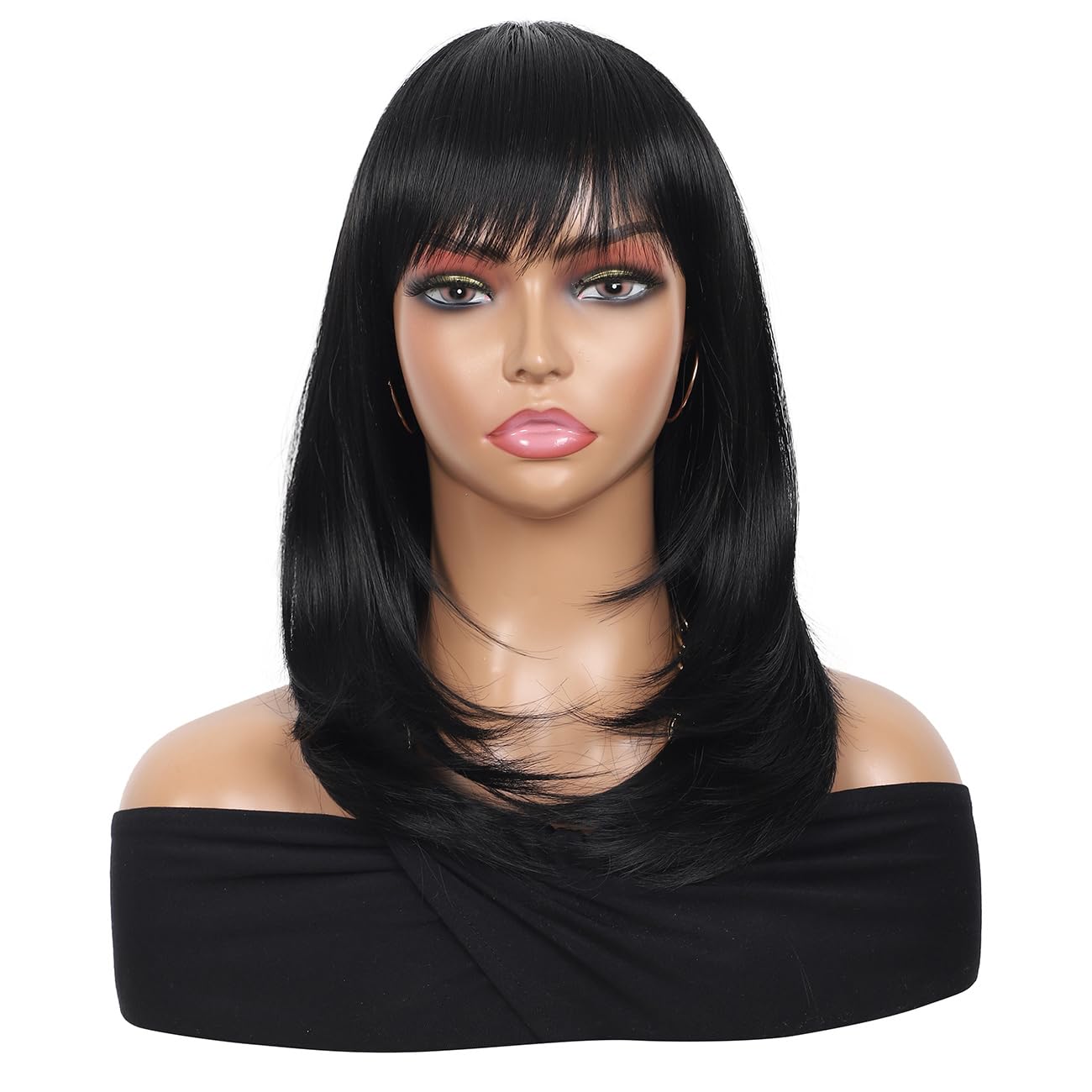 KalyssBlack Wig with Bangs Layered Wigs for Women Natural Looking Heat Resistant Synthetic Hair Wigs for Women Medium Long Straight Wig 18 Inches