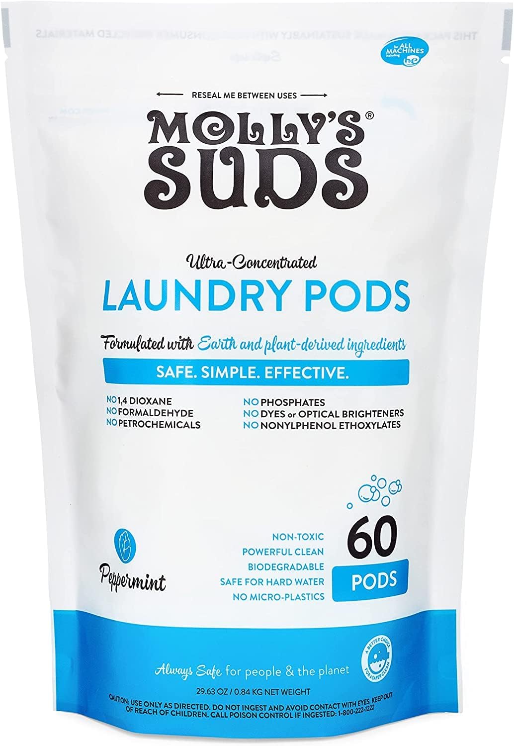 Molly's Suds Laundry Detergent Pods | Natural Detergent for Sensitive Skin | Ultra Concentrated and Stain Fighting (Peppermint - 60 Count)