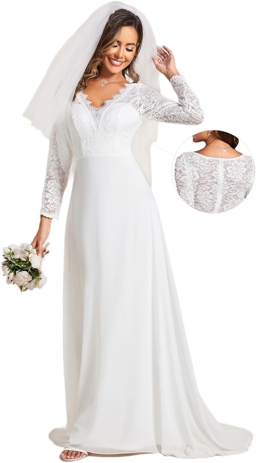 Ever-Pretty Women’s Fall Long Sleeve Lace V Neck Wedding Dress with Train Bridal Gown 01925-PH