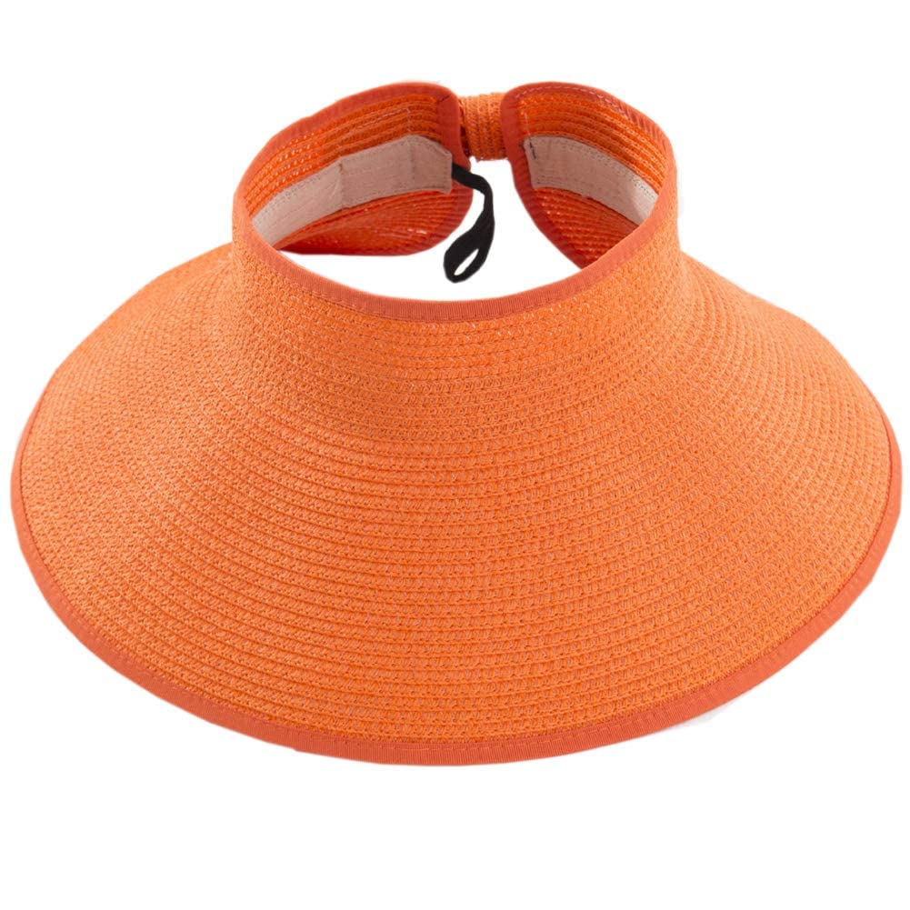 Ausuaya Women's Orange Foldable Sun Protection Straw Visor, Roll Up Wide Brim Packable Beach Hat With Ponytail Hole For Travel Gb- Sm01 (Orange)