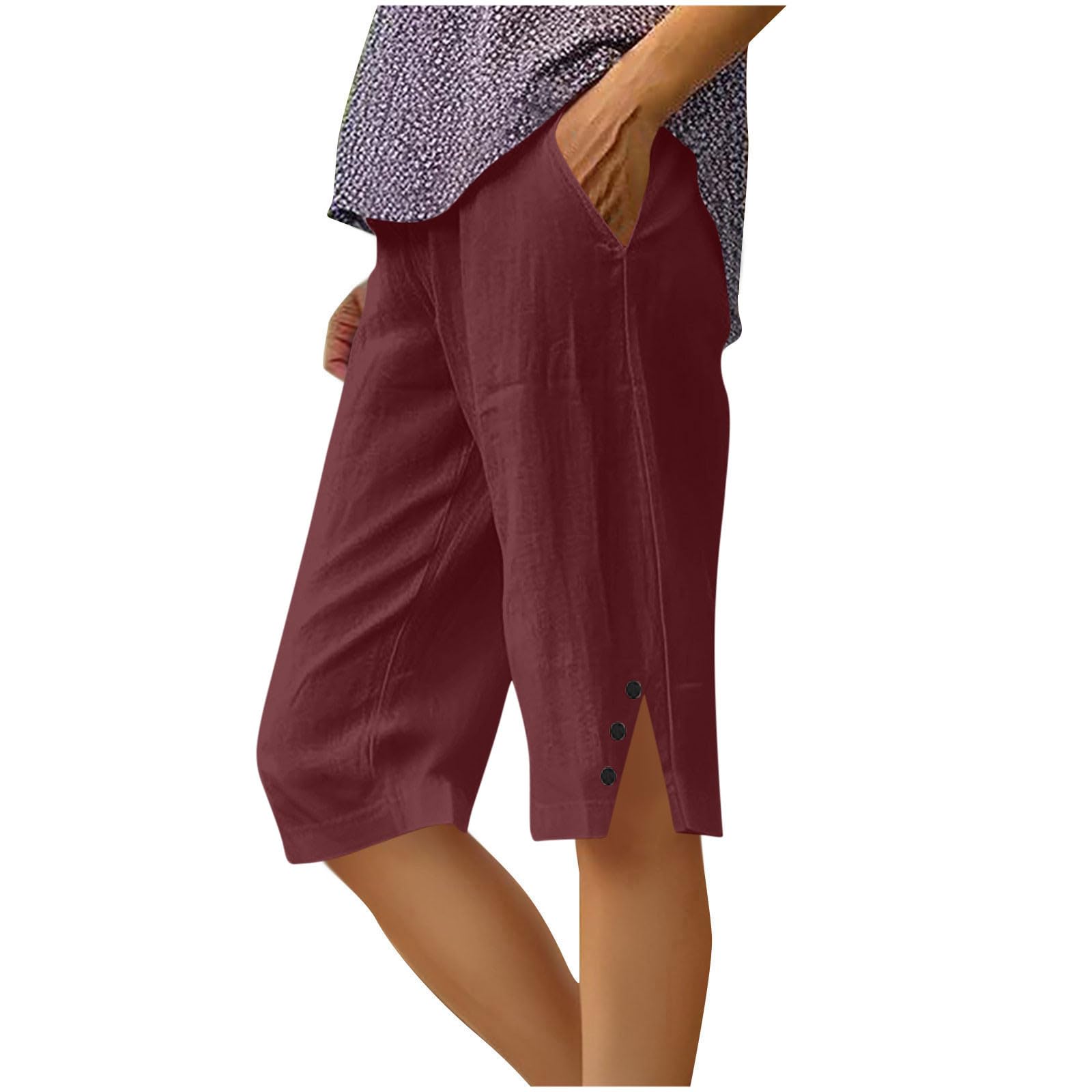 Summer Cotton Linen Bermuda Shorts for Women Elastic Waist Side Slit Button Decor Short Casual Mid Pants with Pocket(Wine,5X-Large)