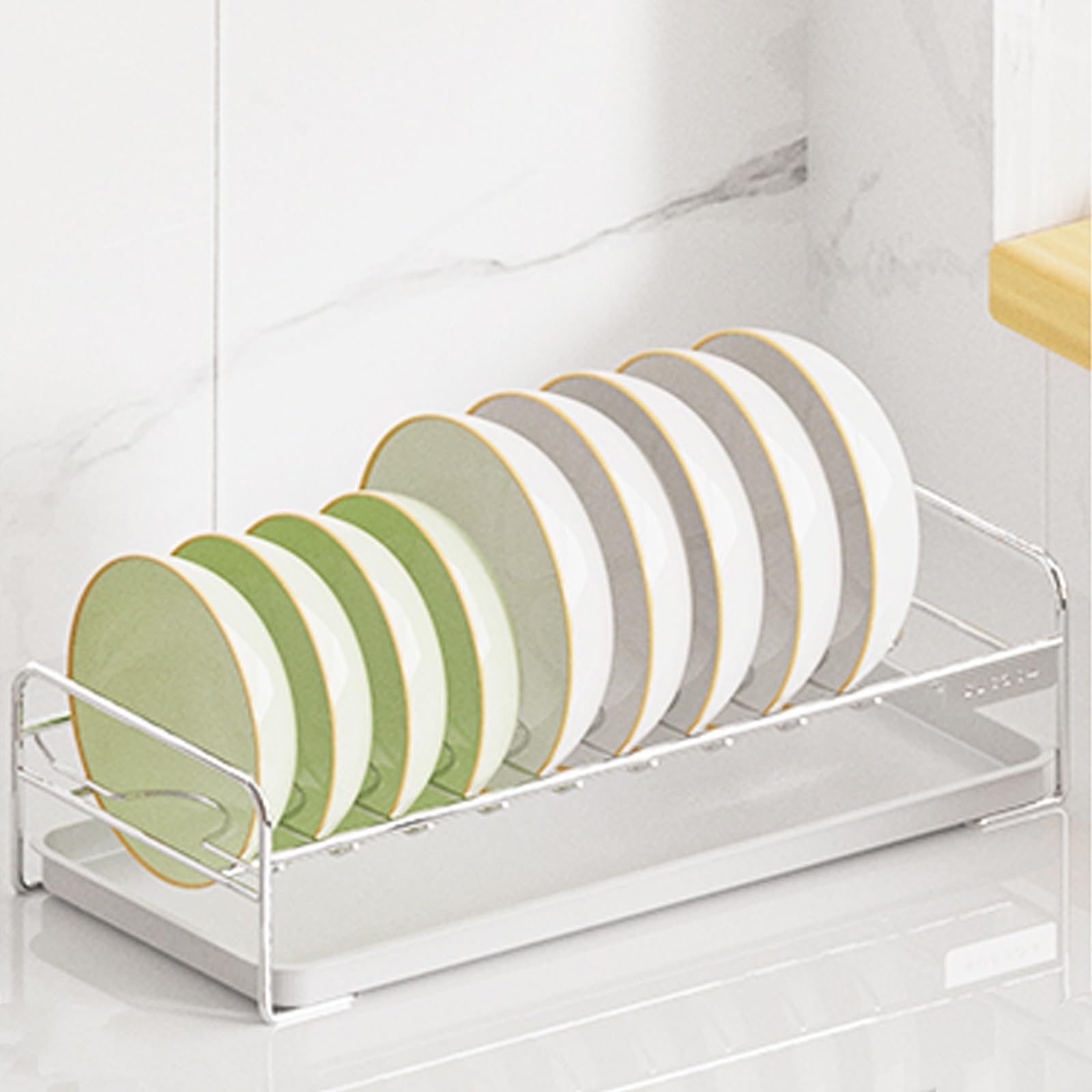 Geschirrhalter für die Küche, Einlagiges Abtropfgestell aus silbernem Edelstahl mit Teller, Schüsselablagen und ausziehbarem Tablett(Bowl Racks)