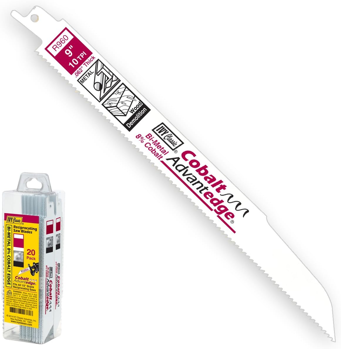 IVY Classic 28388 9 in. 10 TPI, 7/8 in. Wide Bi-Metal Reciprocating Demolition Saw Blade, Cuts Metal/Wood (20-Pack)