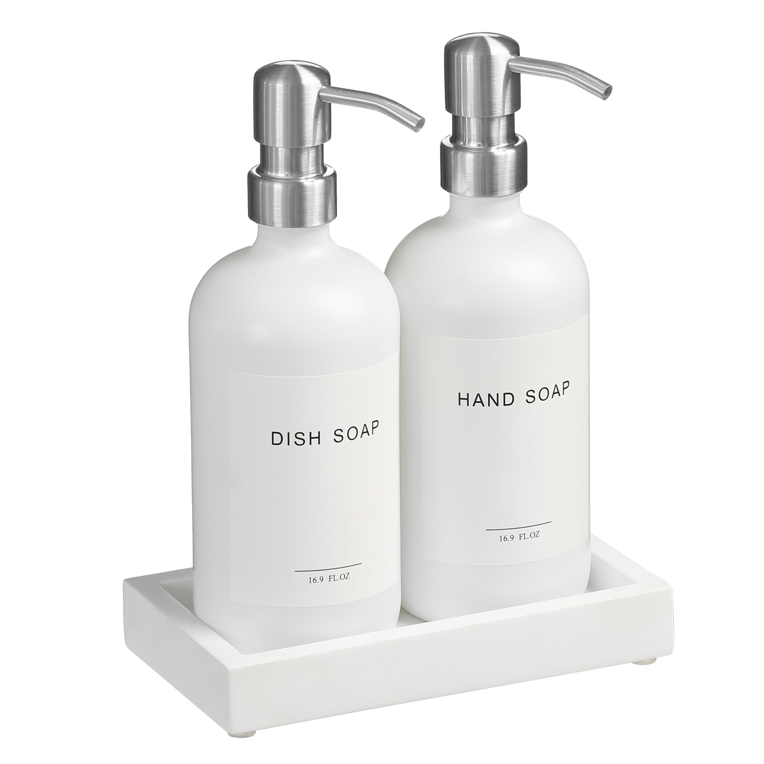 Dispenser di sapone in vetro con pompa e vassoio per cemento, dispenser di sapone vintage per bagno e cucina, set con etichette impermeabili per sapone per piatti, sapone per le mani, lozioni (bianco