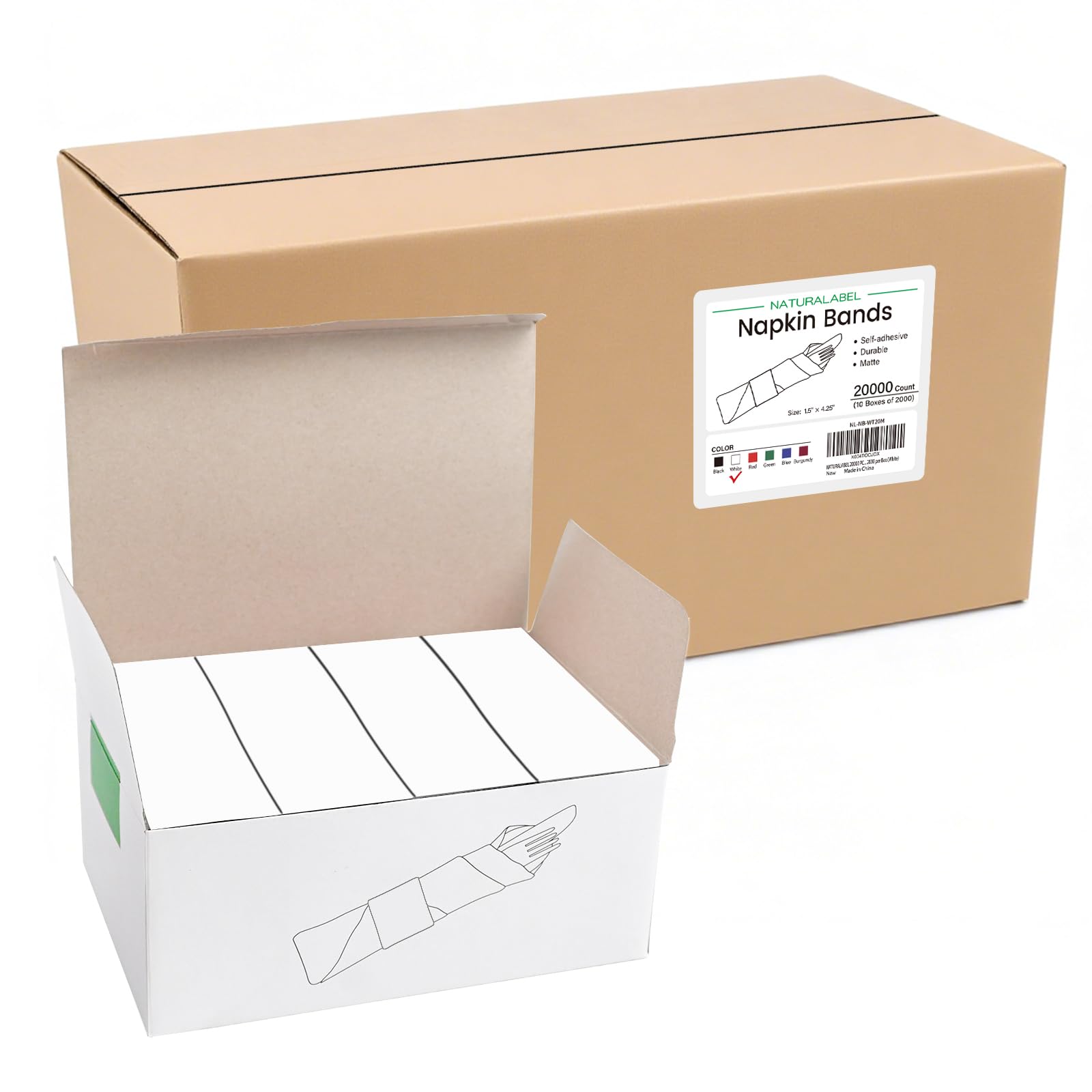 NATURALABEL Self-Adhesive Napkin Bands, Bulk Pack of 20,000, White