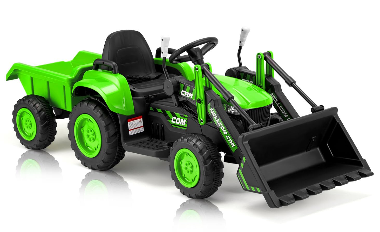 MELLCOM Ride on Bulldozer Toys with Remote Control for Boys 3-7 Year Old, 12V Battery Powered Ride on Tractor with Trailer, Front Loader Bucket, Horn, Lights, Music Player, Safety Belt, Green