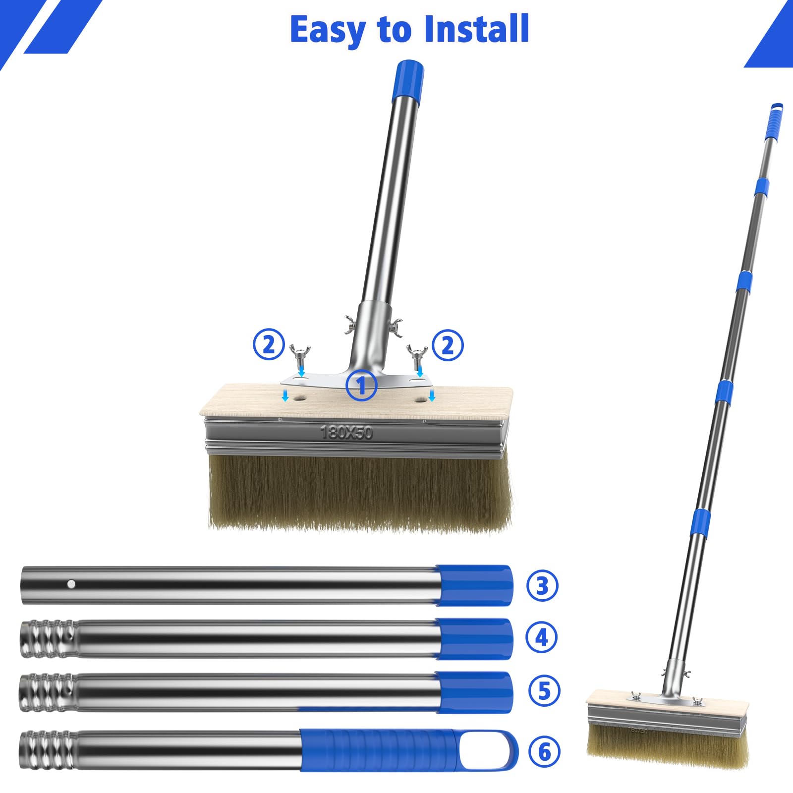Pinceau de peinture pour terrasse avec manche long de 139,7 cm et 2 têtes de pinceau de 18,1 cm, grand applicateur de teinture pour terrasse pour murs, planchers en bois, teintures pour bois
