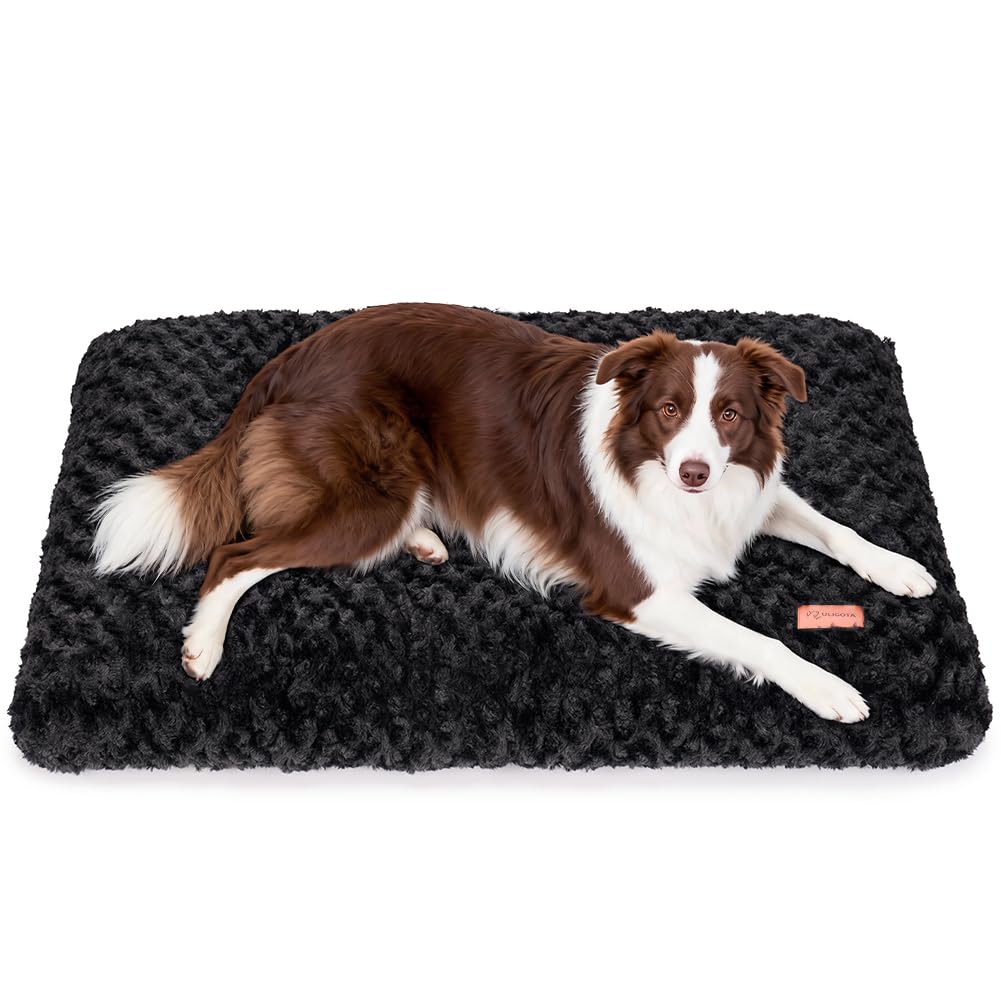 Dog Bed Crate Pad - Rosette Pattern White Velvet Pet Bed Anti-Slip Comfy Kennel Pad for Crates Rosette Black L