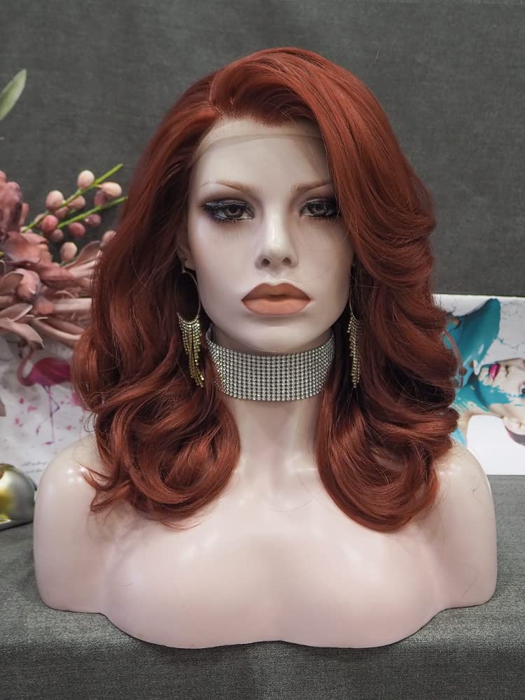 IMSTYLE Auburn Bob Wavy Lace Front Wigs Black Widow Short Copper Red Synthetic Wigs Heat Resistant Hair Natural Hairline with Glueless Wig for Cosplay (Copper R