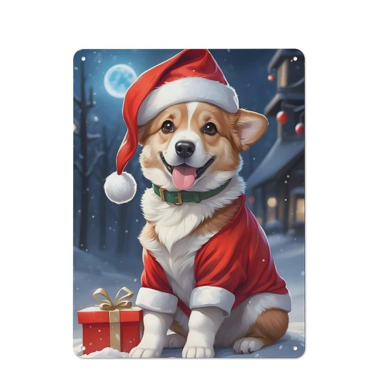 Junmoney Christmas Dog Corgi Metal Sign 40X30cm With For Pub Or Café, Retro Decor, For Cooler-Month Interiors With Retro Character