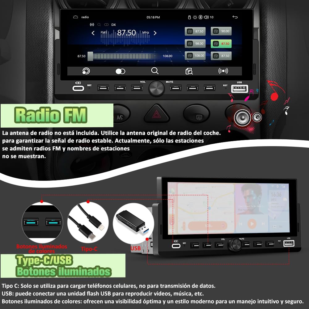 AWESAFE Radio de Coche 1 DIN Universal con Carplay y Android Auto Inalámbrico,Autoradio 1 DIN con Pantalla Táctil de 6.86 Pulgadas y Cámara Trasera, Admite Bluetooth/Mandos Volante/FM/USB