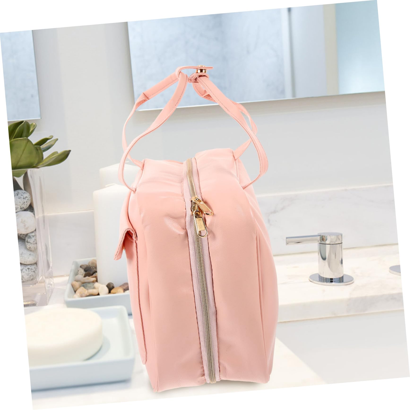 Hängende Kulturtasche aus Pu Leder, Rosa, Große Kapazität | Mehrere Fächer und Taschen, Tragbar mit Griff, für Reise und Outdoor Einsatz