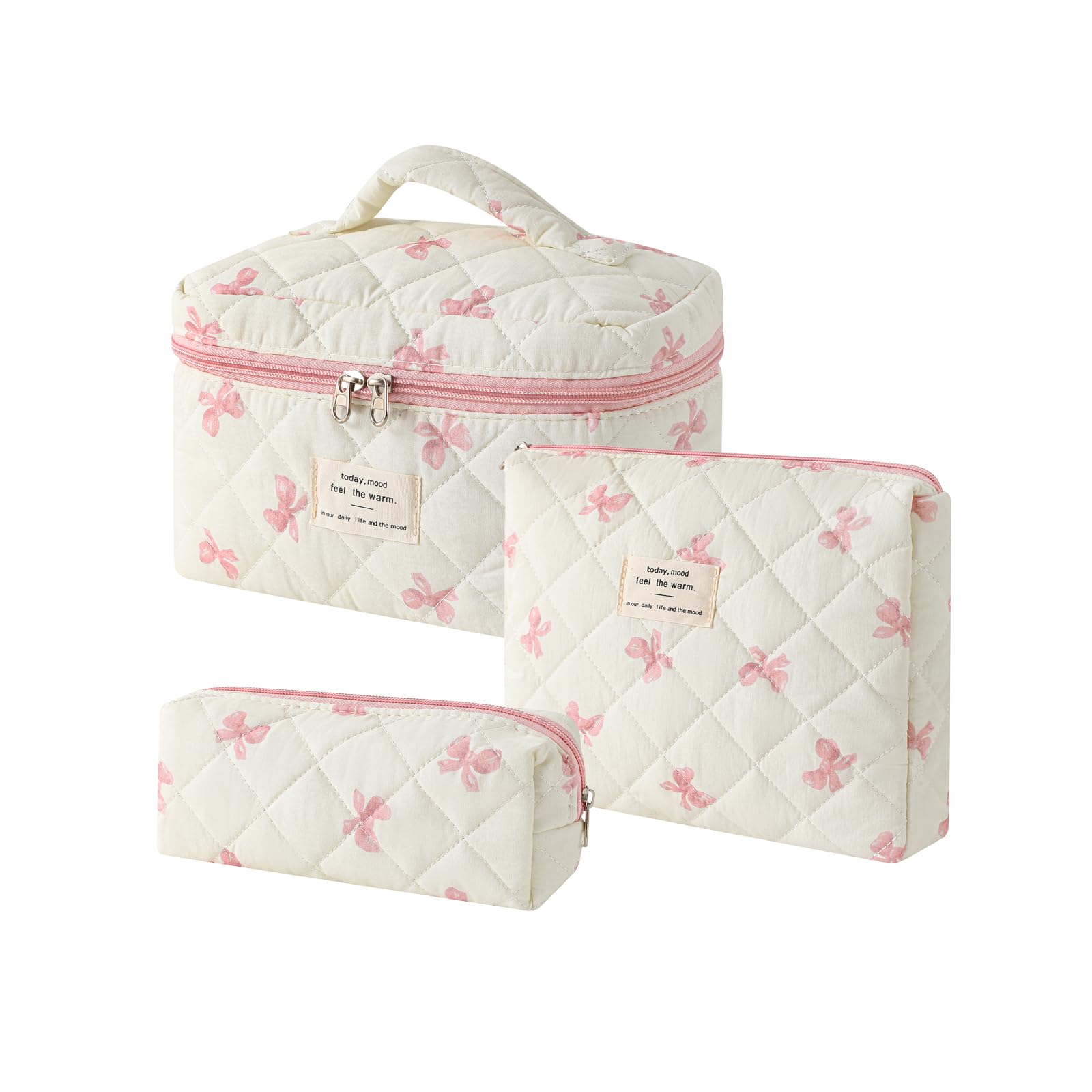 uekeboag 3Pcs Quilted Cotton Makeup Bag,Coquette Quilted Toiletry Bag for Women and Girls,Floral Coquette Pouch,Cute Kawaii Travel Cosmetic Bags(3Pcs