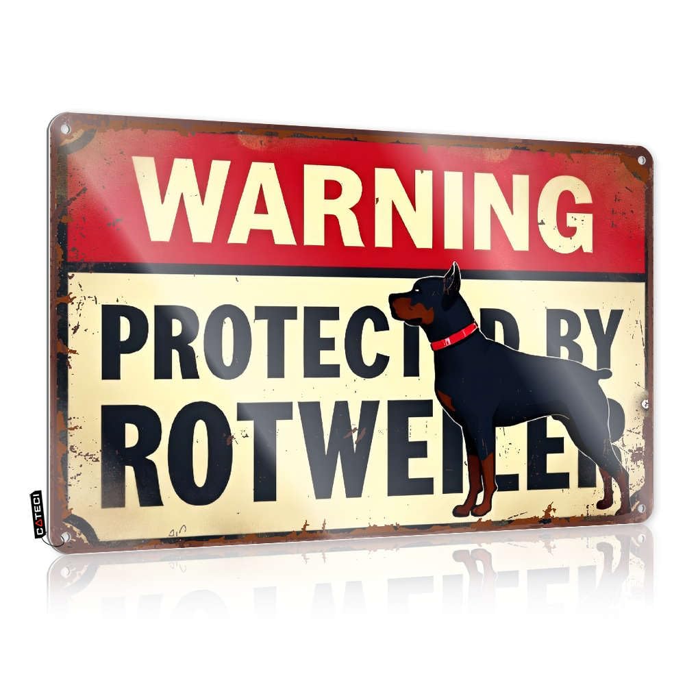Sujd Men's Colour Tin Sign Man Cave Rules Rust-Proof & Highland Summer Decor Vintage - Warning: Protected By Rotweiler. For Indie Wall | Country Bedroom Shelves
