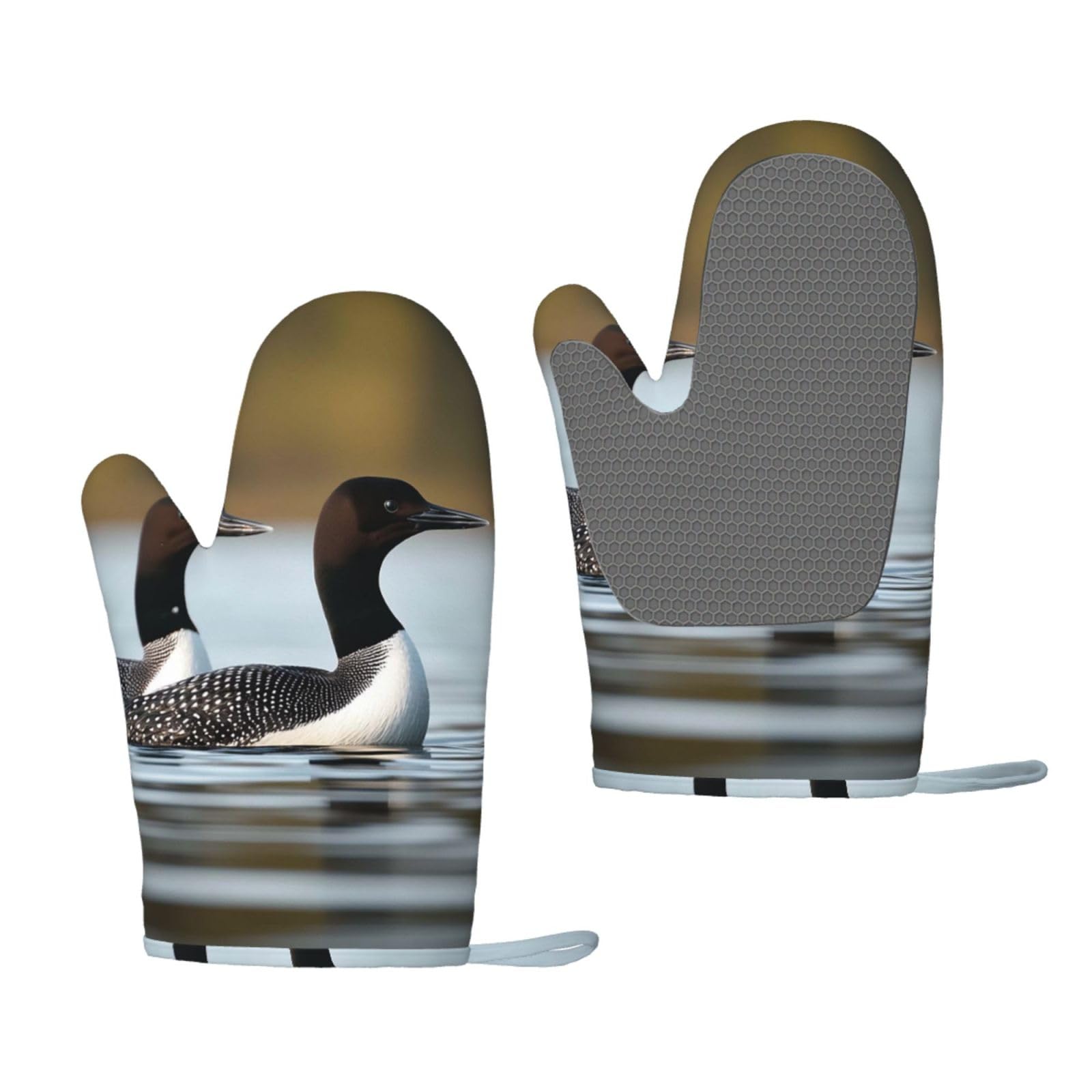 Oven Mitts Sets of 2 Heat Resistant Kitchen Gloves Loon Birds Oven Mitts BBQ Oven Gloves Non-Slip Silicone Oven Mitts Waterproof Cooking Safety Gloves for Kitchen Baking Cooking