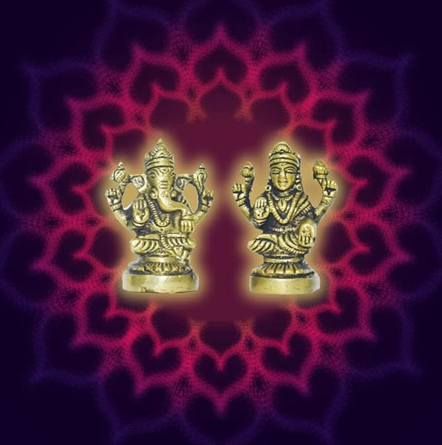 Brass Pooja Spiritual Sculpture Indian Antique Statue Décor for Home Entrance Temple Decoration Festivals Diwali and Gifting (Lakshmi Ganesh Height-2.25")