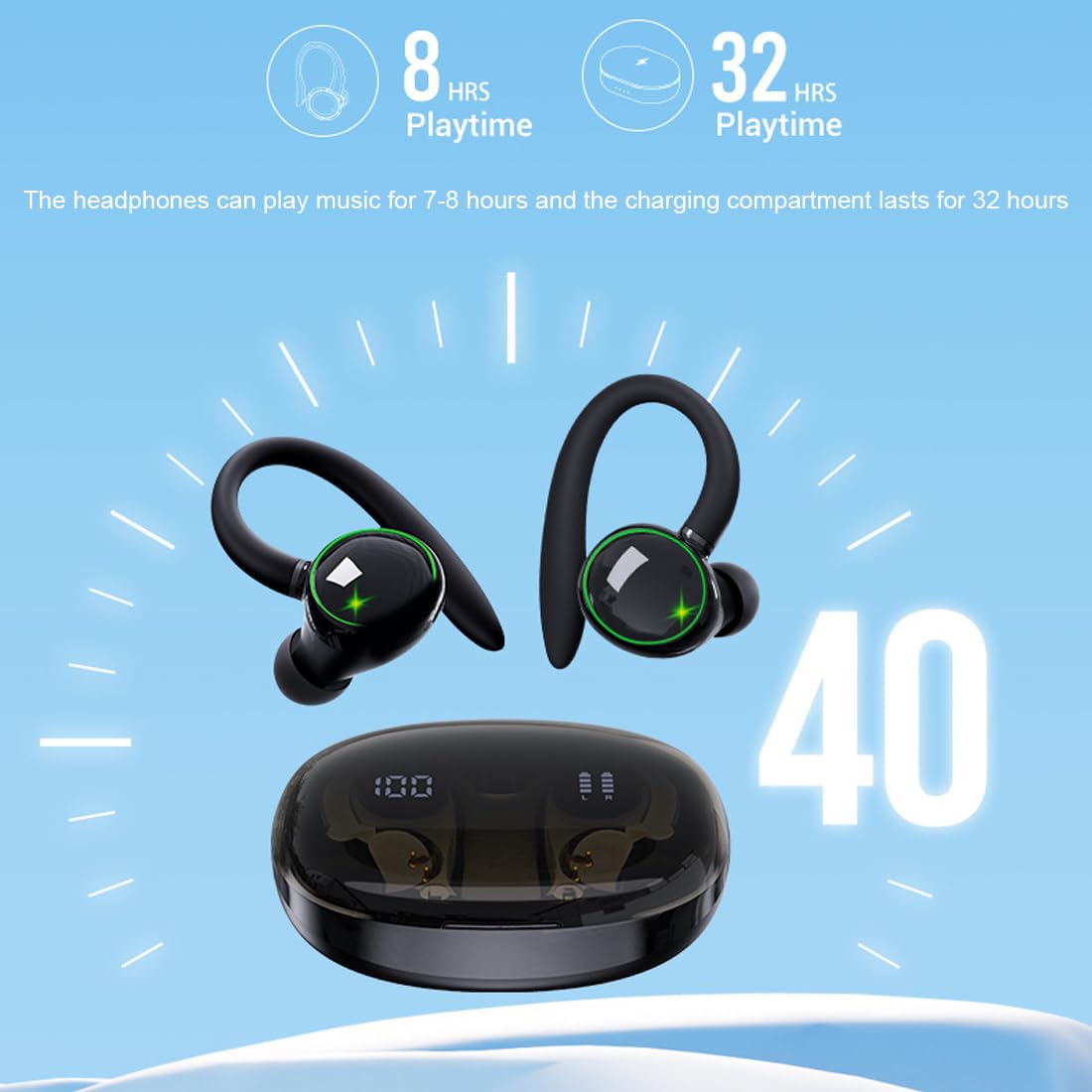 Bezprzewodowe słuchawki nauszne Bluetooth 5.3, wodoodporne IPX5, inteligentne dotykowe bezprzewodowe słuchawki, odpowiednie do biegania, jazdy na rowerze, słuchawek fitness, wyświetlacz LED