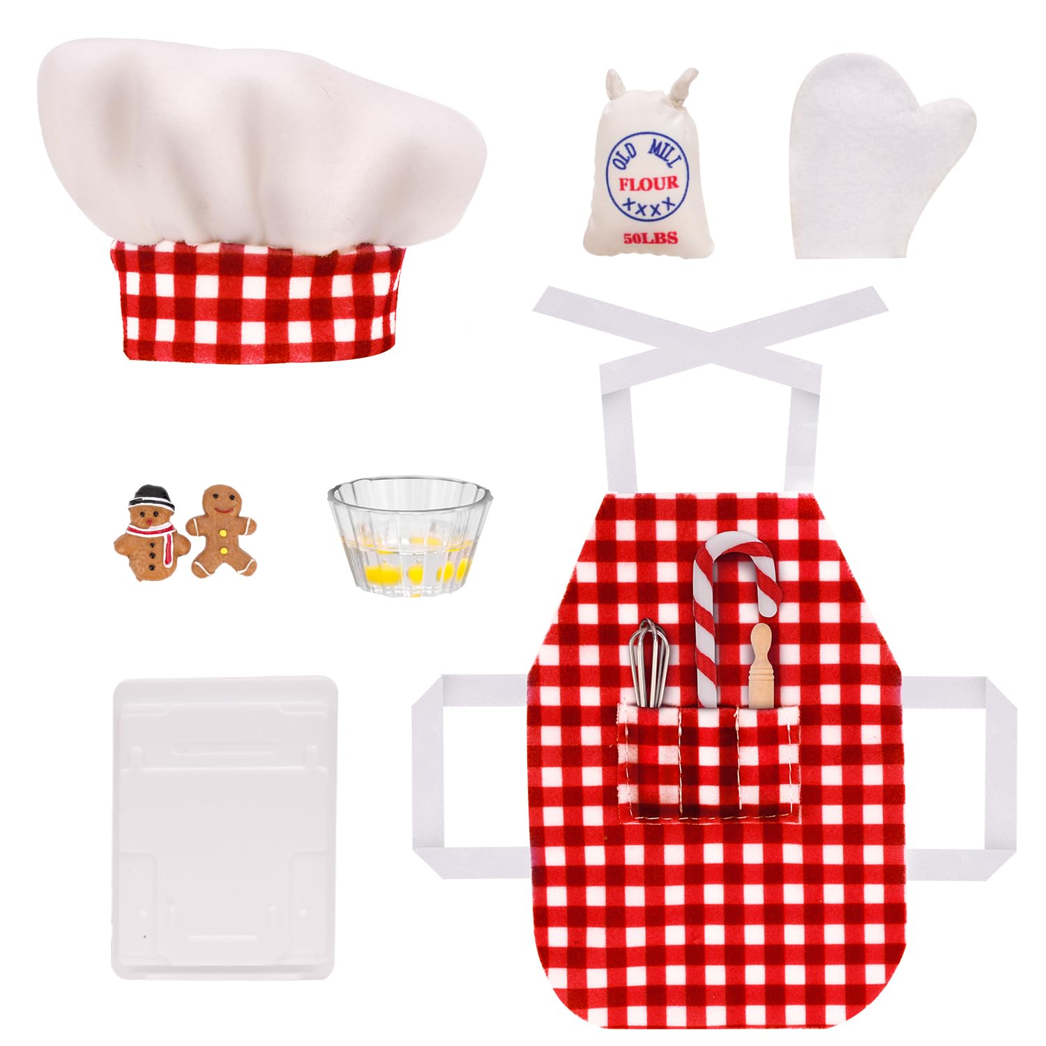 Mini Apron Clothing for Doll Christmas Elf Doll Baker Set Elf Chef Clothing Dress up Accessories Including Chef Hat,Rolling Pin,Egg Beater,Baking Glove ect.