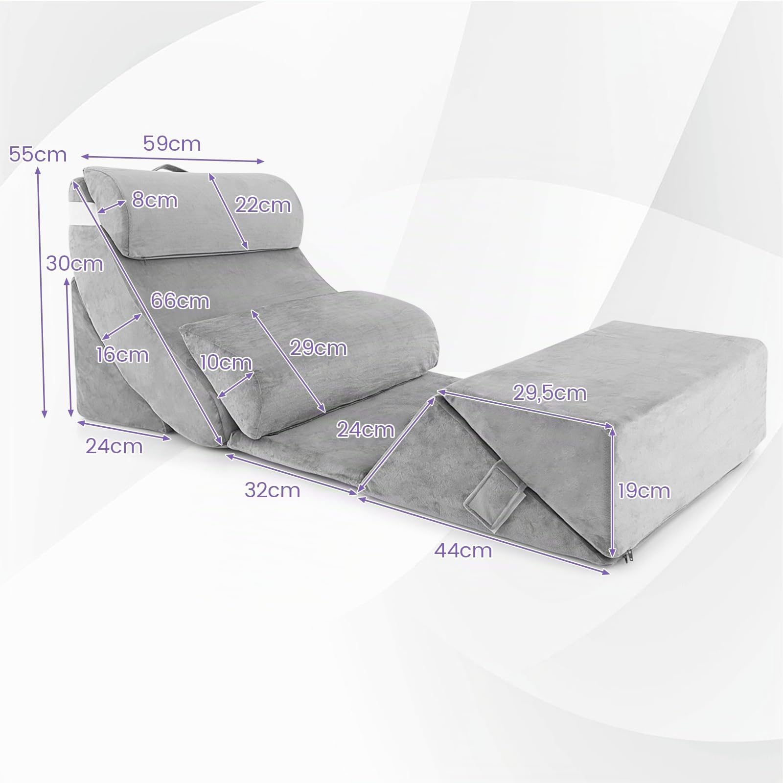 COSTWAY 7 Piezas Respaldo Cama, Almohadas de Cuña Ajustables de Espuma Viscoelástica para Cuello, Lumbar, Piernas, Almohada Lectura Cama, Cojín de Lectura