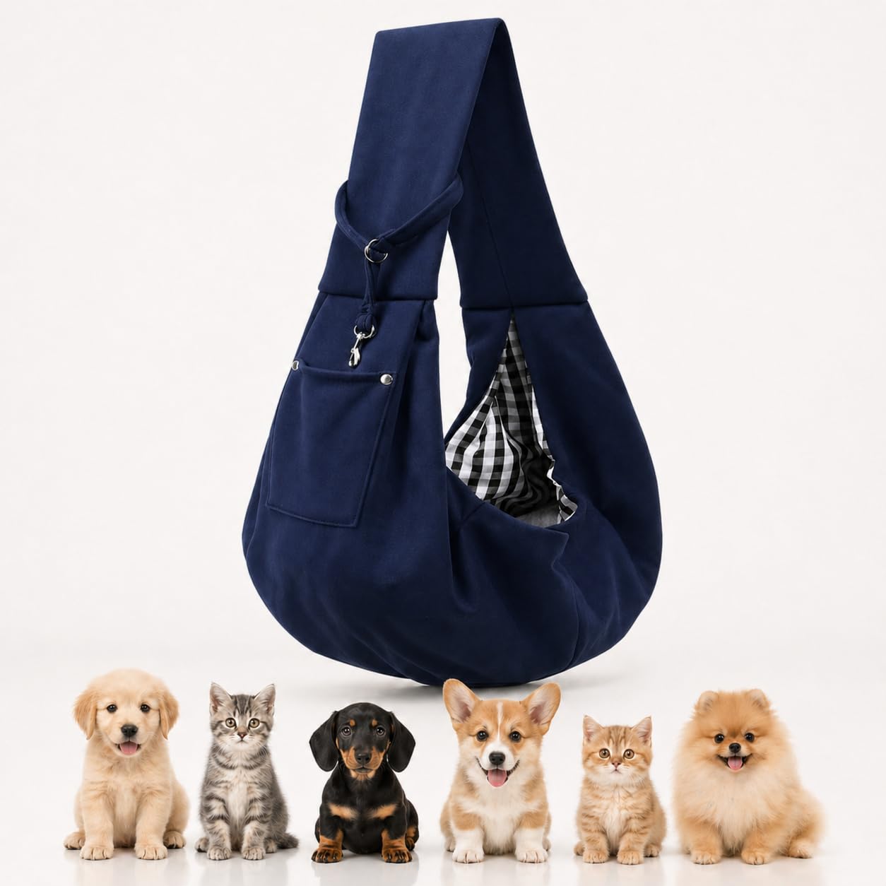 Puppy Sling Carrier for Small Dogs - Breathable Reversible Pet Sling with Storage Pocket, Hands-Free Dog Carrier for Travel/Shopping/Walking, Comfortable Cat & Puppy Sling (Navy blue)