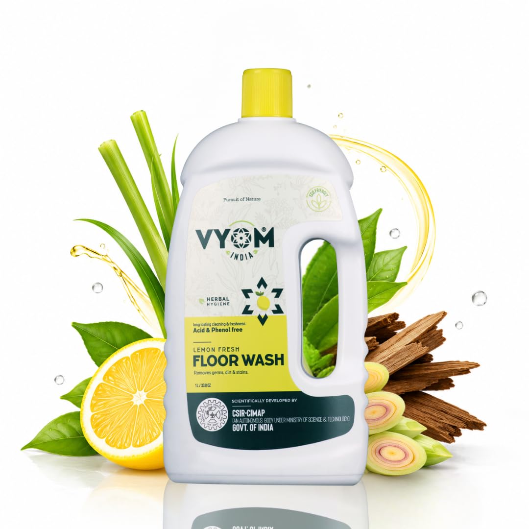 Vyom India Floor Cleaning Liquid - 1L | Safe for Infants, Kid & Pet | Plant-Based, Eco-Friendly Natural Disinfectant - Lemongrass & Cedarwood, Phenyl & Acid Free | Ideal For Floor, Tile, Marbles