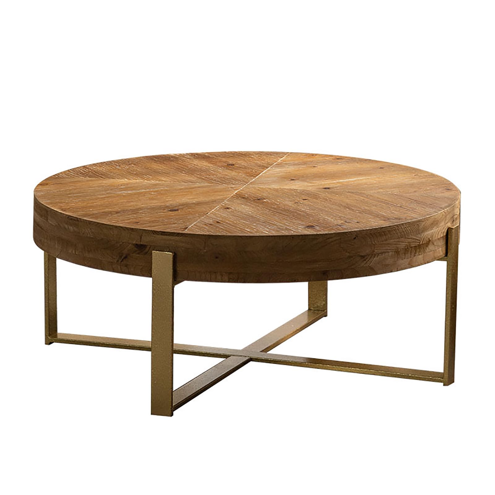 Table basse ronde en bois et métal avec pied croisé de style ferme rustique pour salon