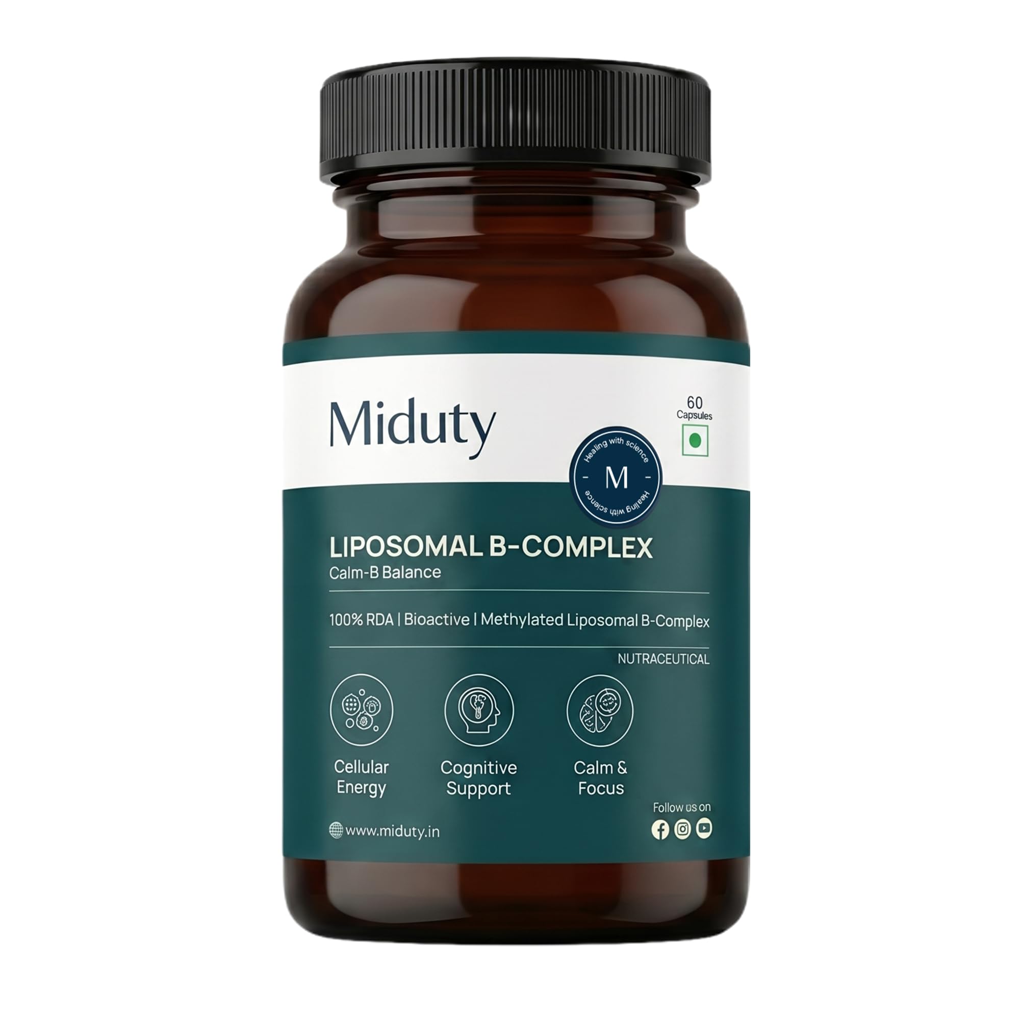 Miduty Liposomal B-Complex | Methylated Vitamin B-Complex with 8 Bioactive B-Vitamins, Quatrefolic, Choline, ALA, KSM-66, Mg & L-Theanine | Daily Energy, Stress & Focus Support for Men & Women | 60 Veg Caps-picture-36