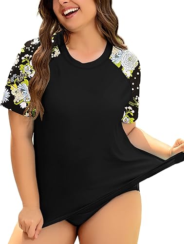 COOTRY Camiseta de natación de manga corta para mujer, talla grande, protección solar UPF 50+, camiseta de traje de baño