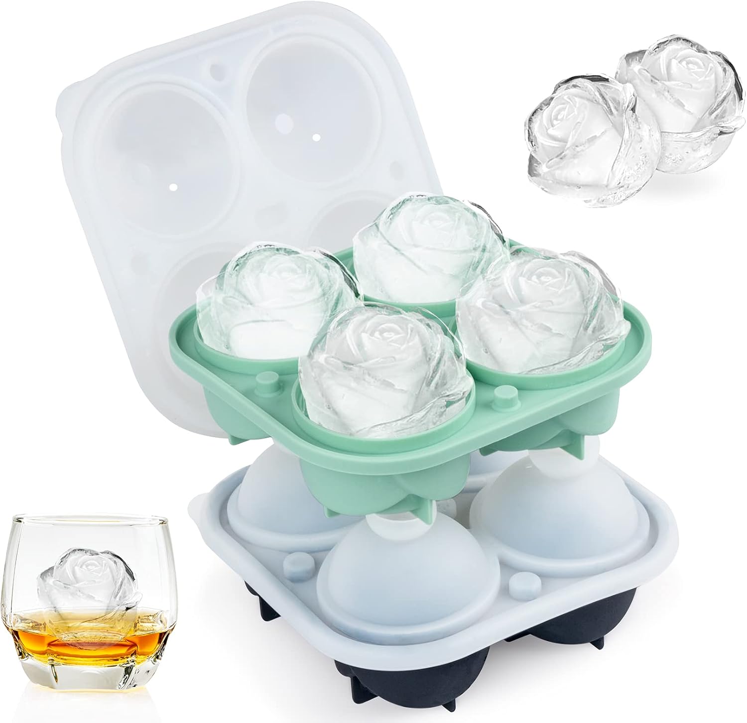 Lemonfilter Ice Cube Tray Silicone, 2 Pack Rose Ice Tray with Removable Lid Easy-Release Flexible Ice Molds 8 Ice Cubes for Chilling Cocktails, Whiskey, Bourbon & Homemade Juice (Black & Green)