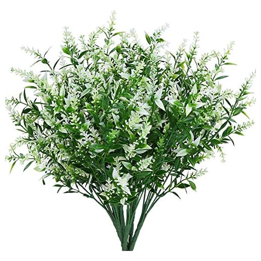 Ruiuzioong Konstgjorda lavendelblommor växter 6 stycken, verklighetstrogna UV-resistenta falska buskar grönska buskar bukett för att lysa upp ditt hem kök trädgård inomhus utomhus dekor (vit)