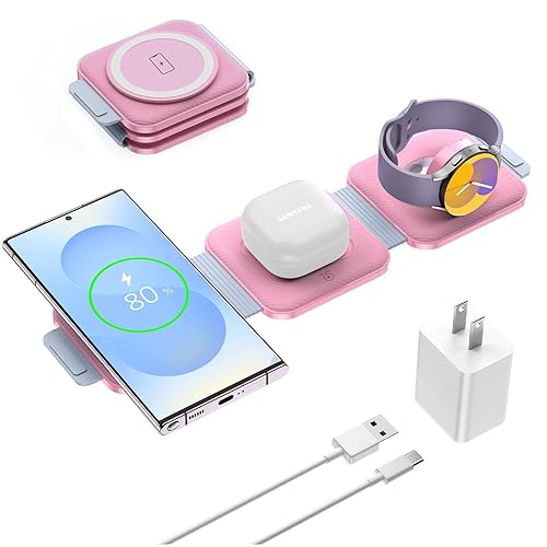 Travel Charger for Samsung Multi Devices, Foldable 3 in 1 Wireless Charging Station Fast Charging Stand/Pad Compatible for Samsung Galaxy S25/S24/S23/S22/S21/Note20 Galaxy Watch8/7/6/5/4/Galaxy Buds4 - Light pink