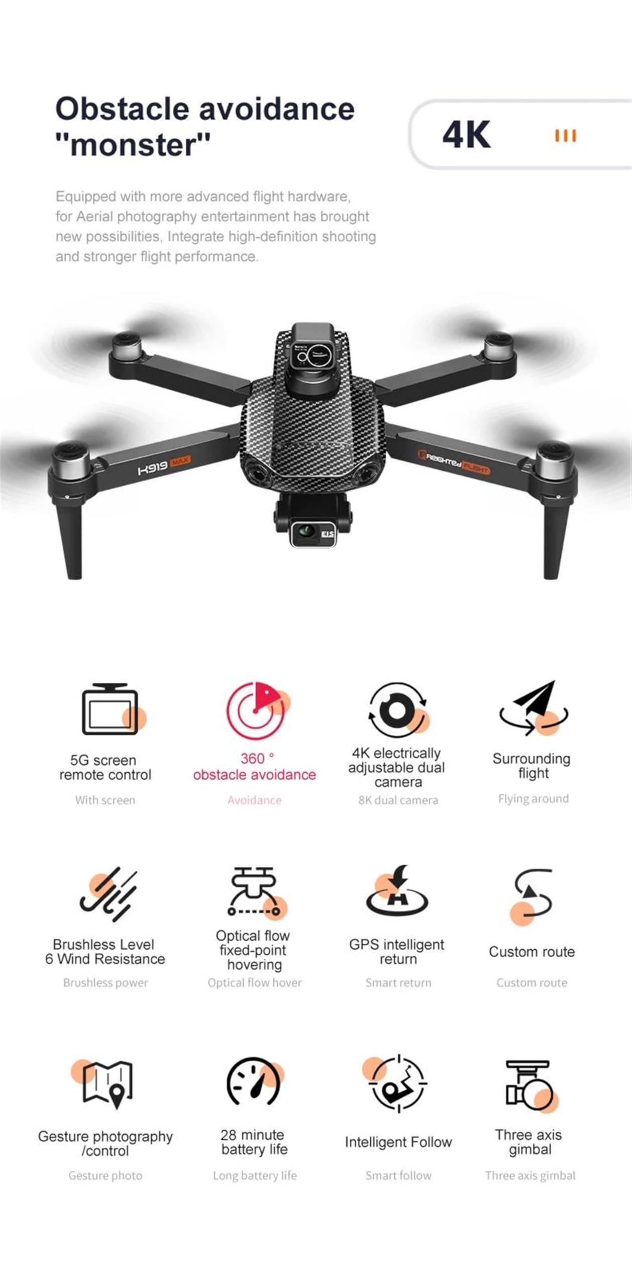 Single battery,Laser OAS,dron k919 max gps 5g profesjonalny 8k hd z 3-osiowym gimbalem, sterowaniem kamerą eis i ekranem, bezszczotkowy dron fpv z funkcją omijania przeszkód