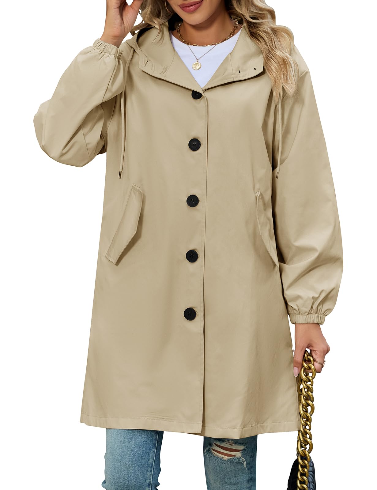 Vancavoo Trenchcoat Damen Lang Übergangsmantel mit Kapuze