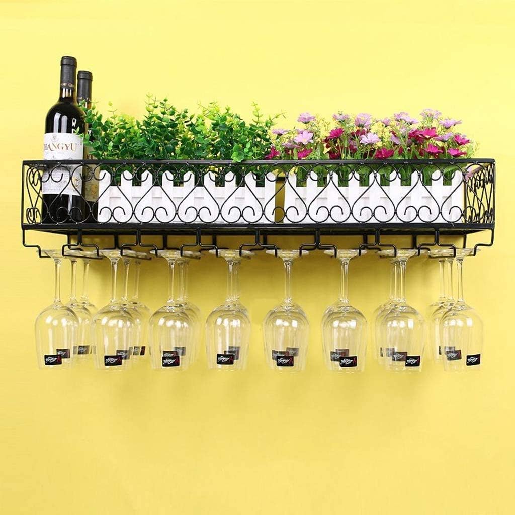 Vintage Black Metal Wall-Mounted Wine Rack, Floating Shelf for Wine Glasses & Goblets, Champagne Stemware Holder, Kitchen Bar Storage Organizer (60x25cm)