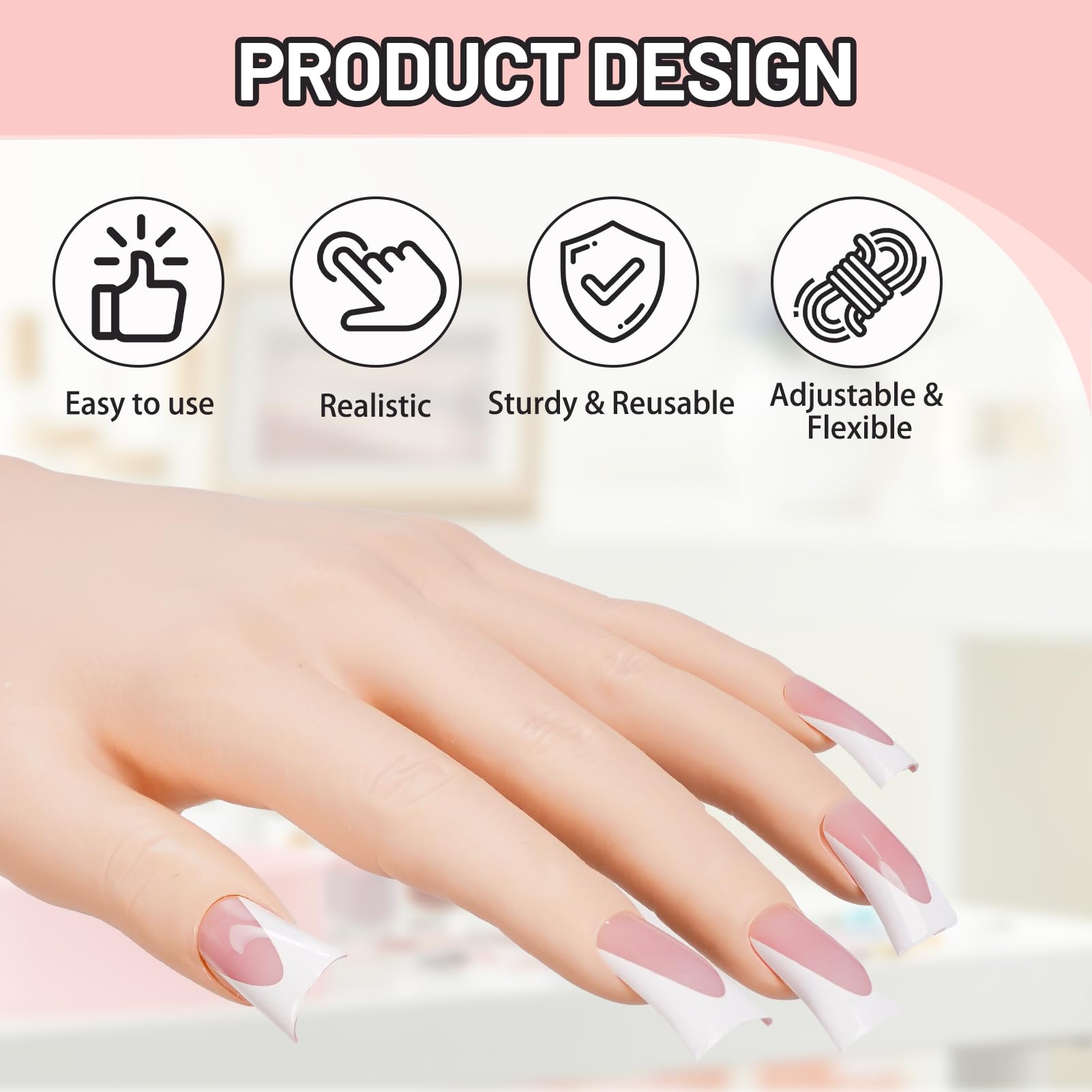 Silicone Practice Hand for Acrylic Nails with Stand, Tips & Adhesive Tabs