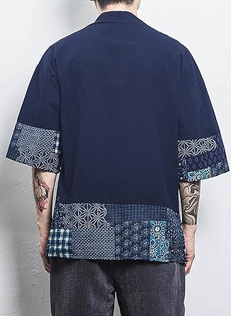 perdontoo Men's Casual Kimono Shirt Light Linen Short Sleeve Open Front Cardigan