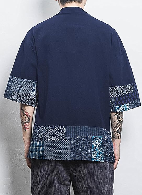 perdontoo Men's Casual Kimono Shirt Light Linen Short Sleeve Open Front Cardigan