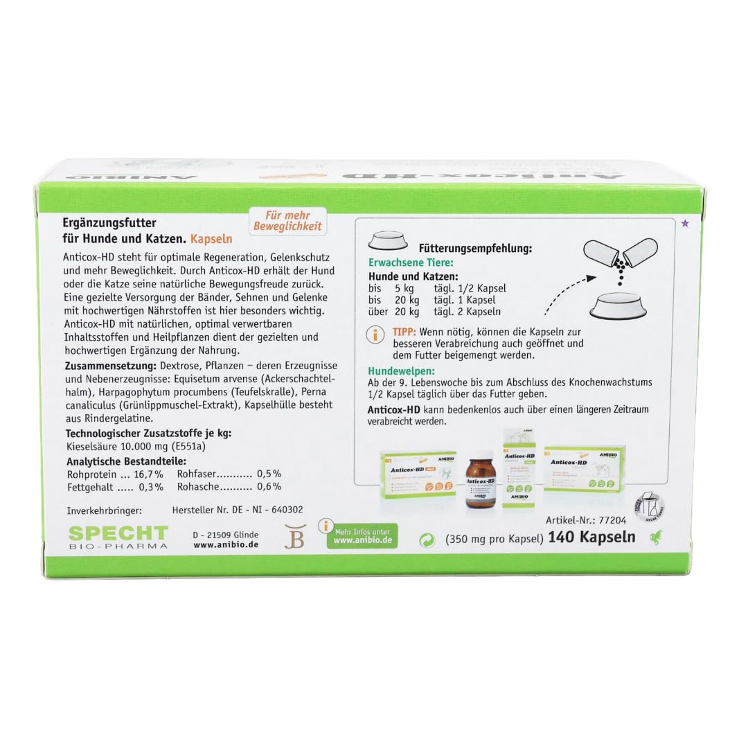 Anibio Anticox-HD Classic 140 Kapseln K Gelenk- & Beweglichkeits-Kapseln für Hunde & Katzen – Pflanzliches Ergänzungsfuttermittel bei Gelenkproblemen, HD, Arthrose, Sehnen & Bänder