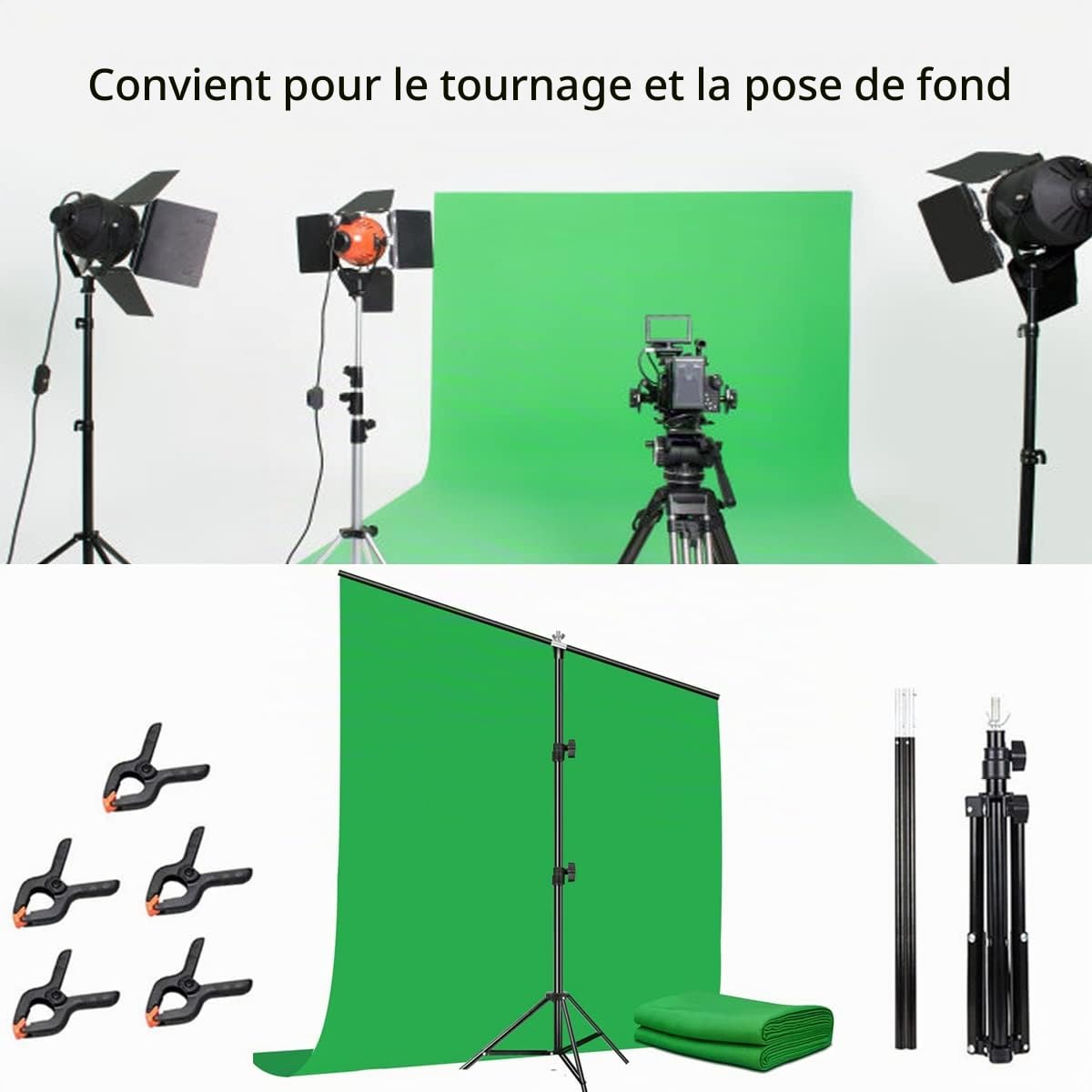 Fond D'écran Vert avec Support 2 x 2 m, Fond Vert pour Studio Photo avec Support Réglable avec 5 Clips et Sac de Transport pour Séance Photo Streaming Vidéo