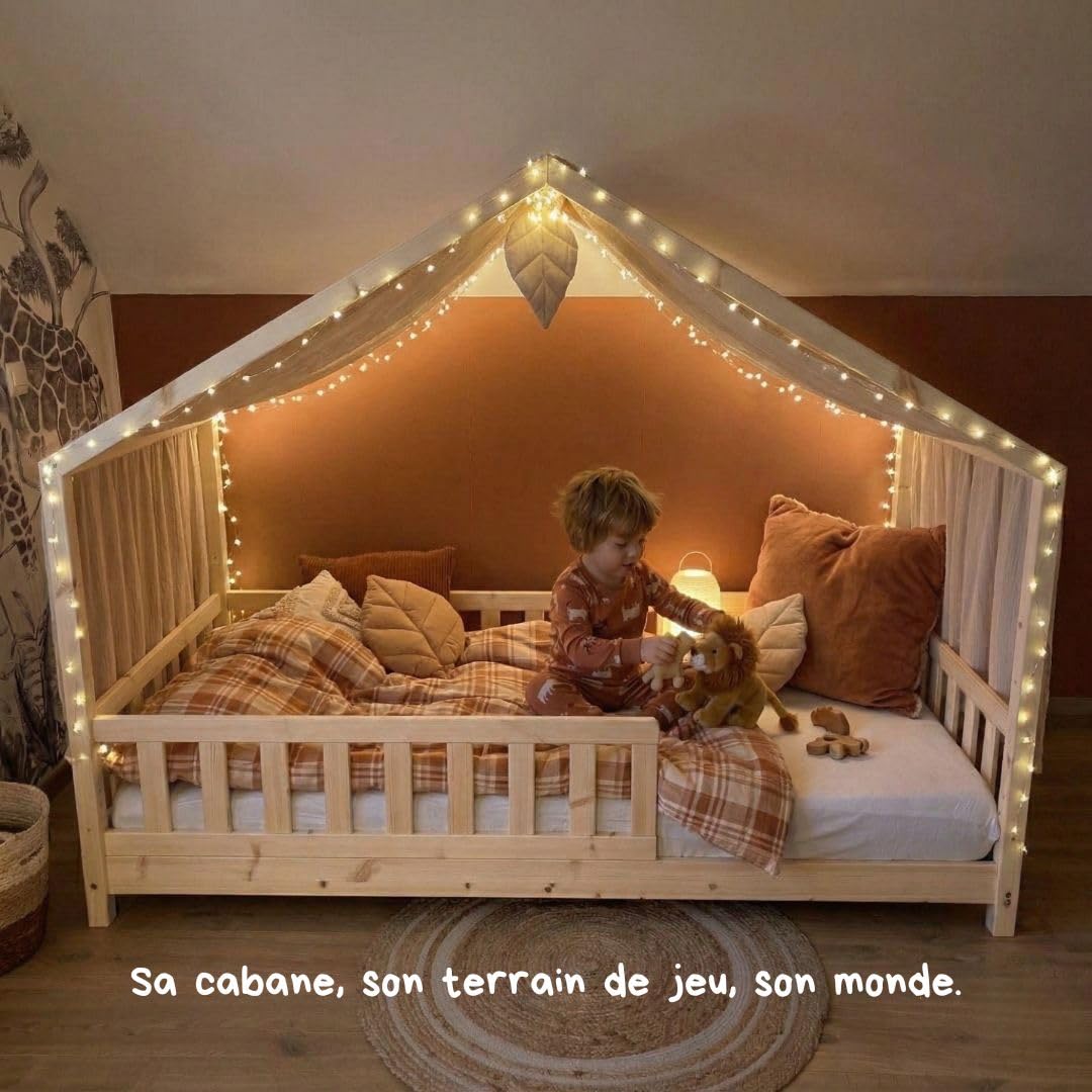 Ciel de lit cabane,100x350 cm, Coton Biologique Beige, décoration pour Chambre bébé ou Enfant. Inclus : 1 Toile lit cabane; 1 Feuille de décoration et Les Attaches Pratiques.