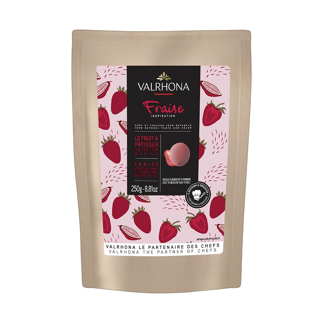 Valrhona Premium Strawberry Couverture (Drops). 100% All Natural. No Preservatives. No Added Color. Made with Freeze Dried Strawberry Powder. Easy