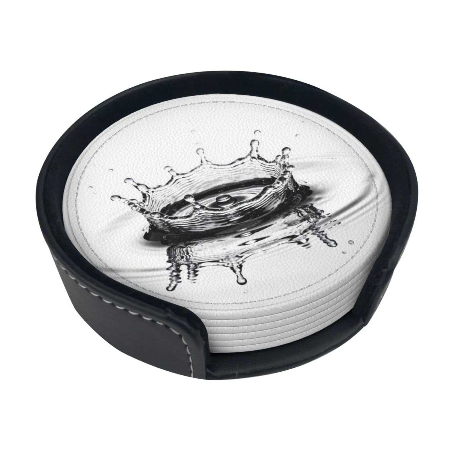 Cntdbu White Water Drop Leather Coasters Set Of 6-Pu Leather Drink Mats For Table, Heat Resistant Round Coasters With Holder