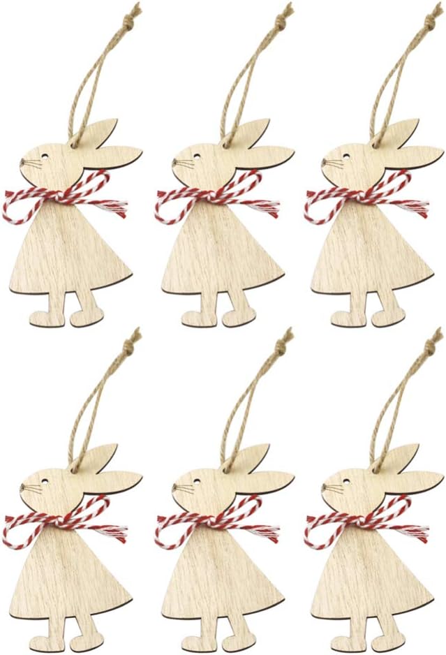 Amosfun 6PCS Easter Bunny Wooden Crafts Hanging Rabbit with Bow Tie DIY Unfinished Tree Hanging Cutouts Unpainted Easter Wood Slice Toy Decor Hanging Embellishments Set 2