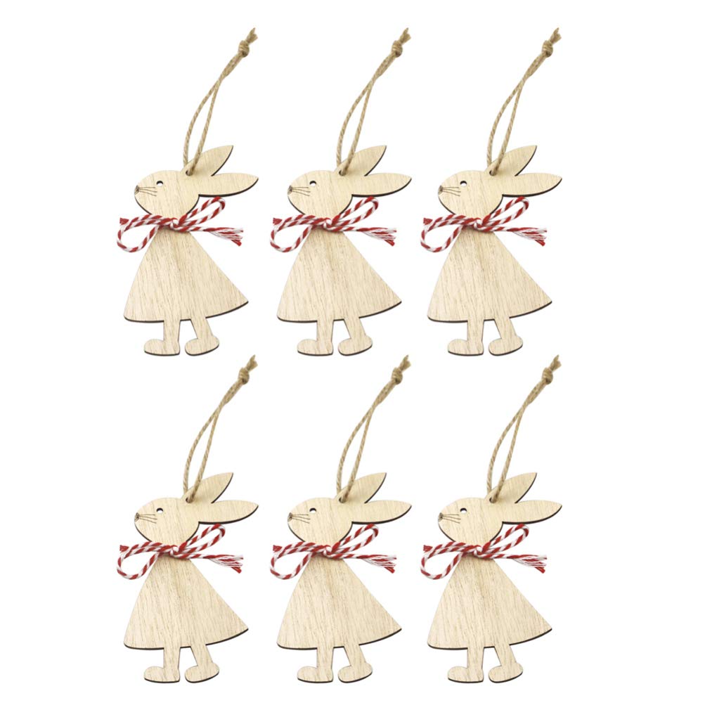 Amosfun 6PCS Easter Bunny Wooden Crafts Hanging Rabbit with Bow Tie DIY Unfinished Tree Hanging Cutouts Unpainted Easter Wood Slice Toy Decor Hanging Embellishments Set 2