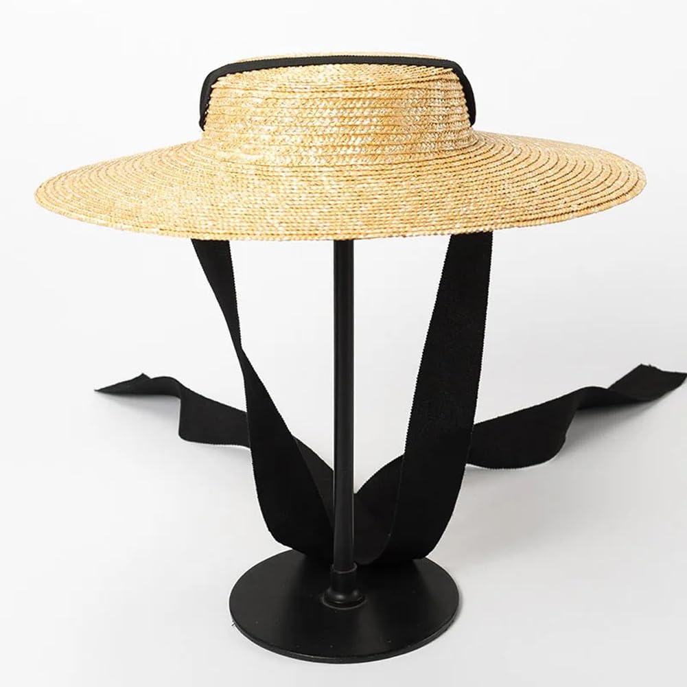 Gorra plana de ala ancha, sombrero de paja de verano para mujer con lazo para exteriores