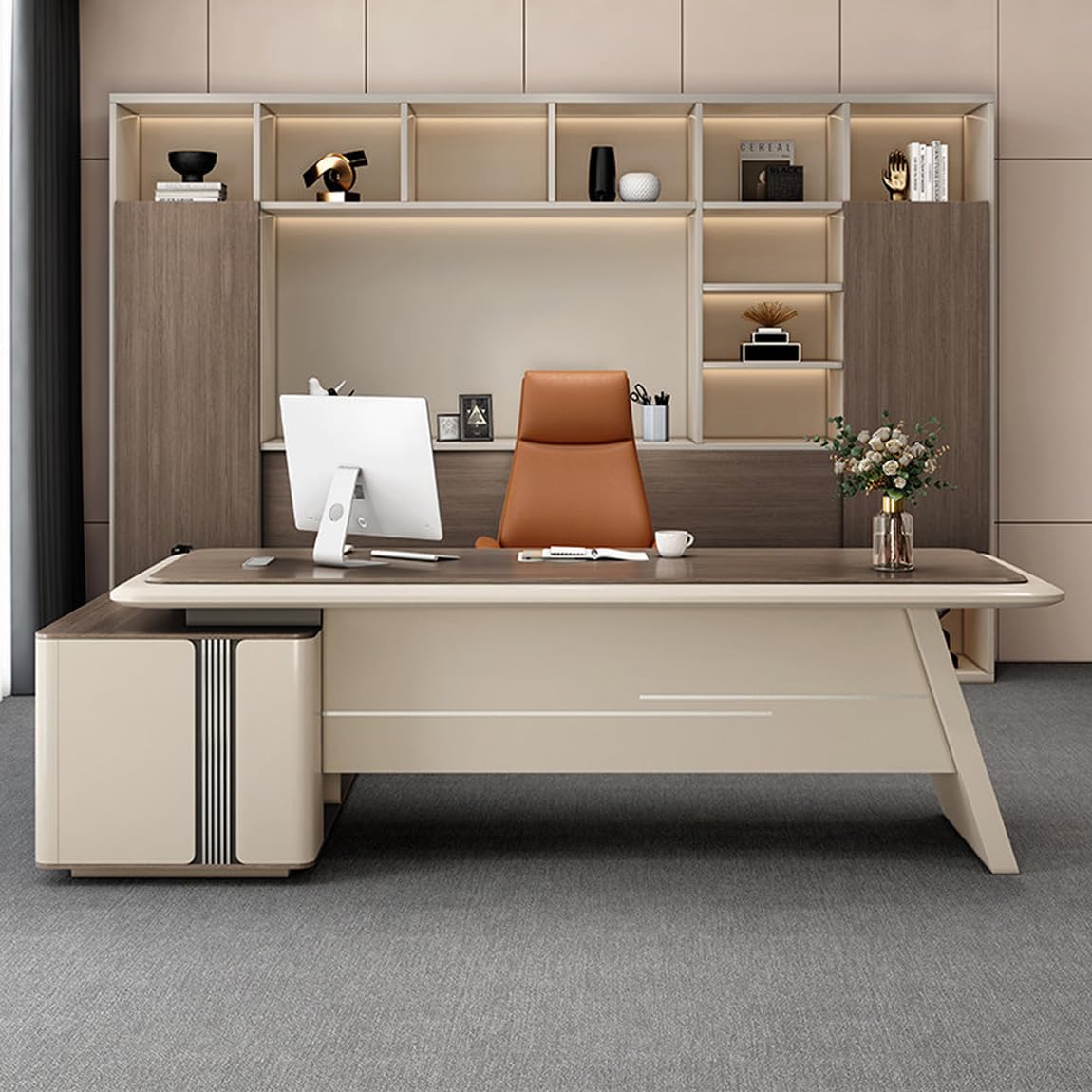 DUWEIKE L-Shaped Executive Desk, Large Home Office Desks with Storage Cabinet, Modern Wood Corner Writing Computer Desk for Study Work,87in