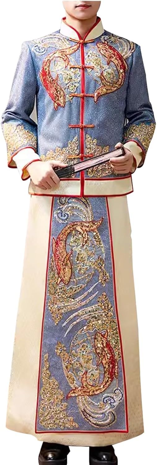 VDLLQYN, Blue Male Chinese Wedding Dress Xiuhe Dress Gorgeous Embroidered Tops Skirt Qipao Suit for Occasions Such As Marriage,Chinese Wedding Dresses(Blu_XL)