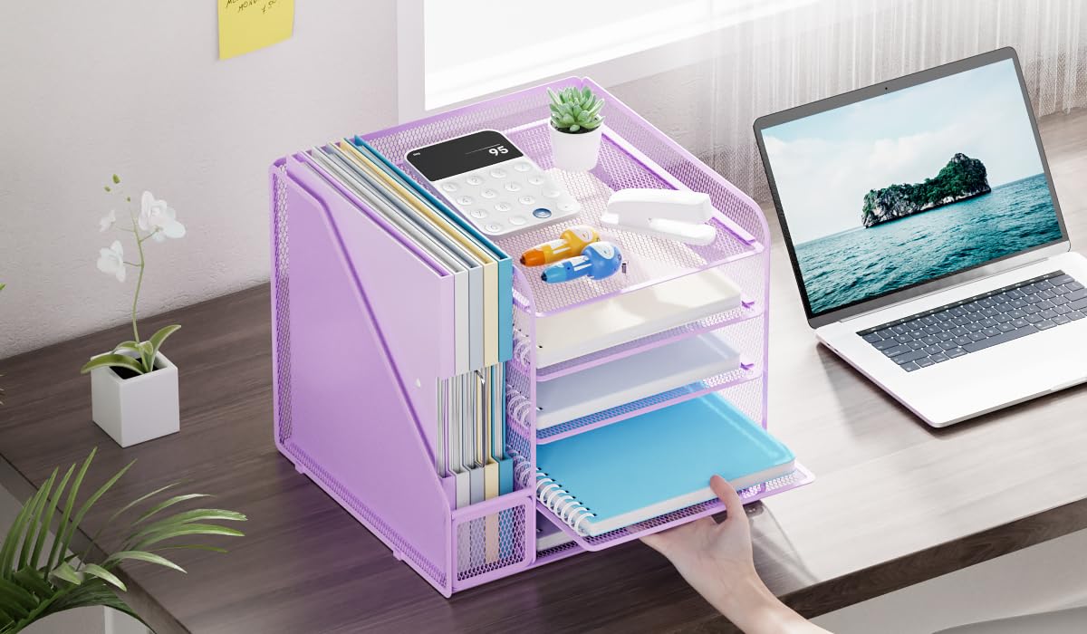 Marbrasse Desk Organizer and Office Accessories,5-Tier Paper Letter Tray Organizer with File Holder,Mesh Desktop Organiser for Office Supplies & Desk Tidy Organiser (Purple) - Image 2