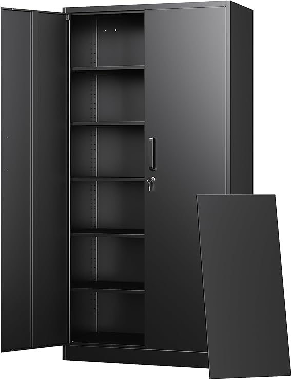 Letaya Metal Storage Cabinets with Lock Doors,Tall Locker Organizer Steel Garage Cabinets, 5 Adjustable Layers Shelves for Home, Office, Warehouse,Tool,Industrial(Black)