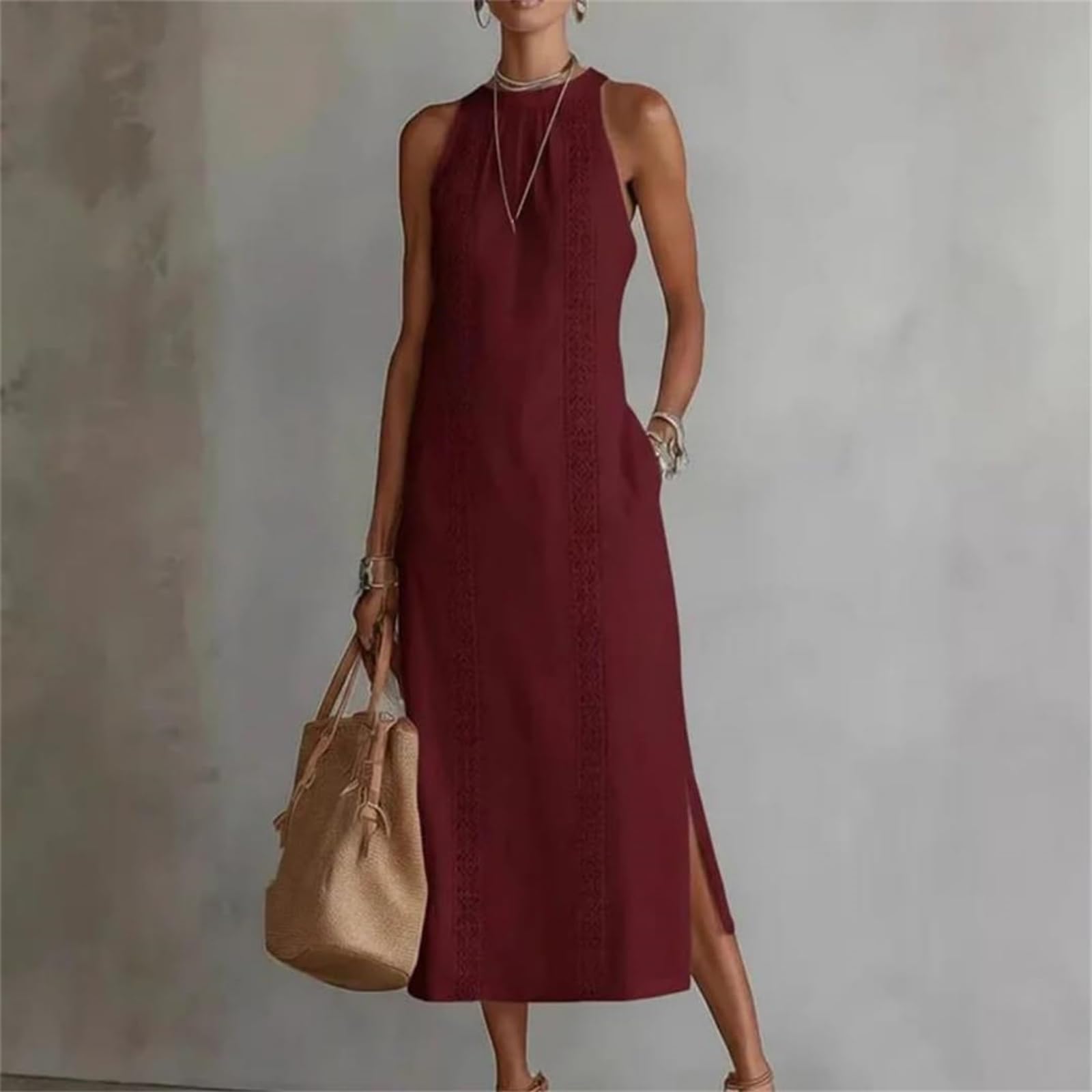 Generico Abiti Boho da Donna | Abito Estivo 2026 Senza Maniche con Collo all'Americana, Inserti in Pizzo e Tasche | Ideale per Vacanze e Tempo Libero